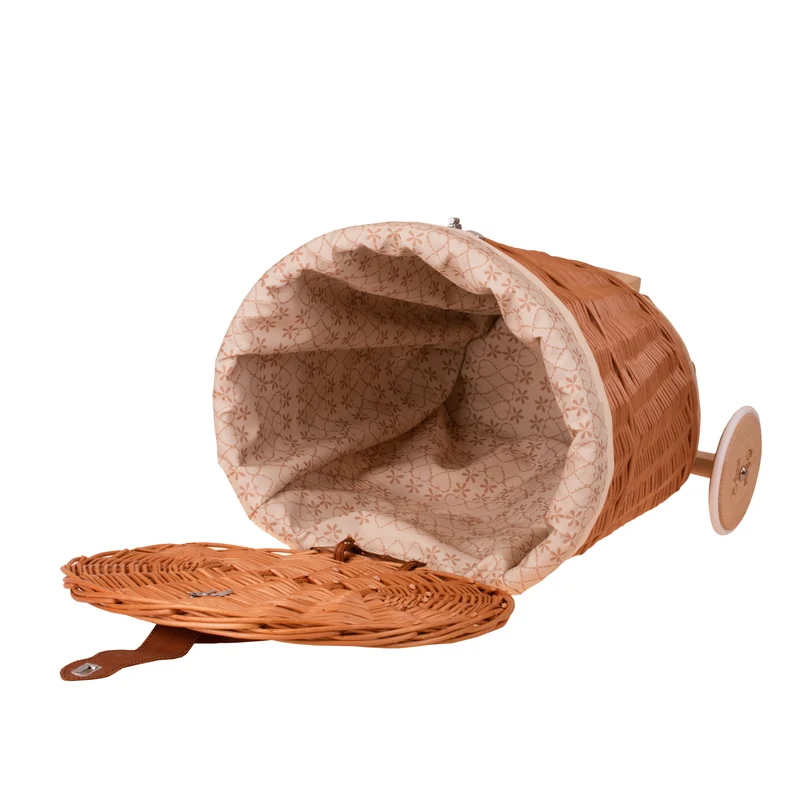 Celtis wicker basket on wheels with cream trim and straps TheWickerStories