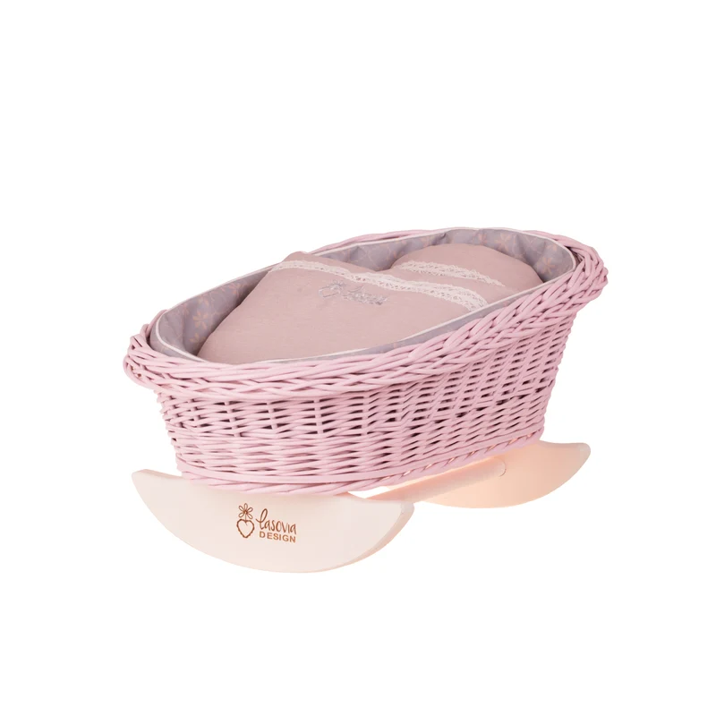 Mimi wicker doll cradle with gray trim, pillow and quilt TheWickerStories