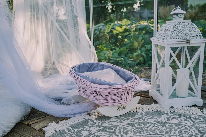 Mimi wicker doll cradle with gray trim, pillow and quilt TheWickerStories