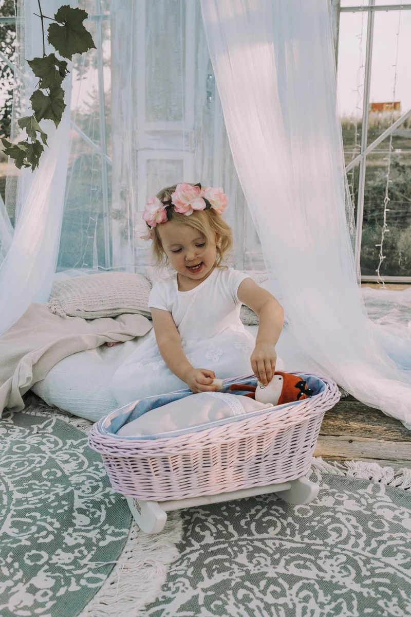 Mimi wicker doll cradle with gray trim, pillow and quilt TheWickerStories