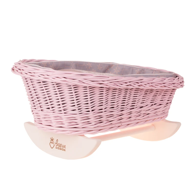 Mimi wicker doll cradle with gray trim, pillow and quilt TheWickerStories