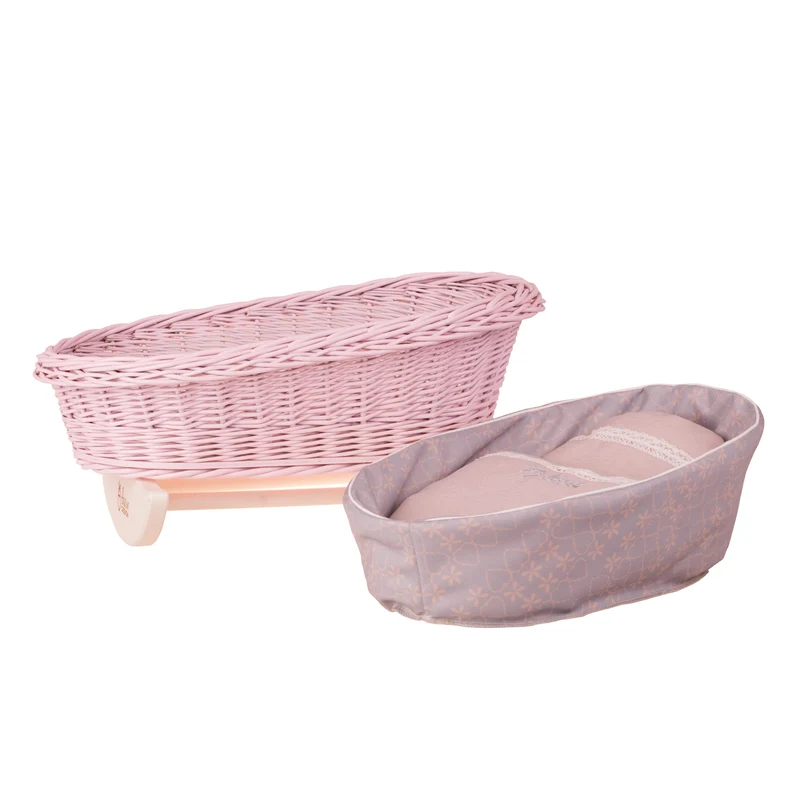 Mimi wicker doll cradle with gray trim, pillow and quilt TheWickerStories