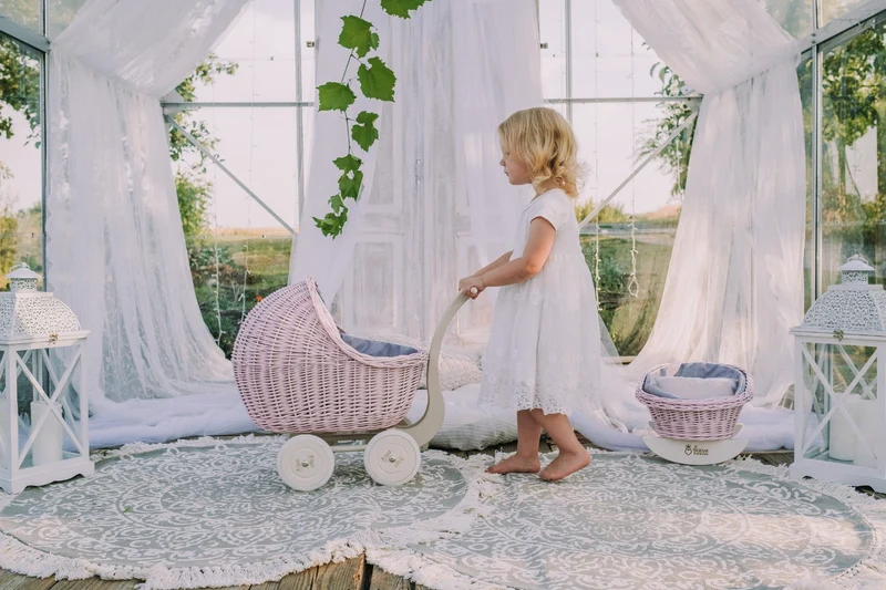 Lili wicker doll stroller with gray trim, handle, quilt and pillow TheWickerStories