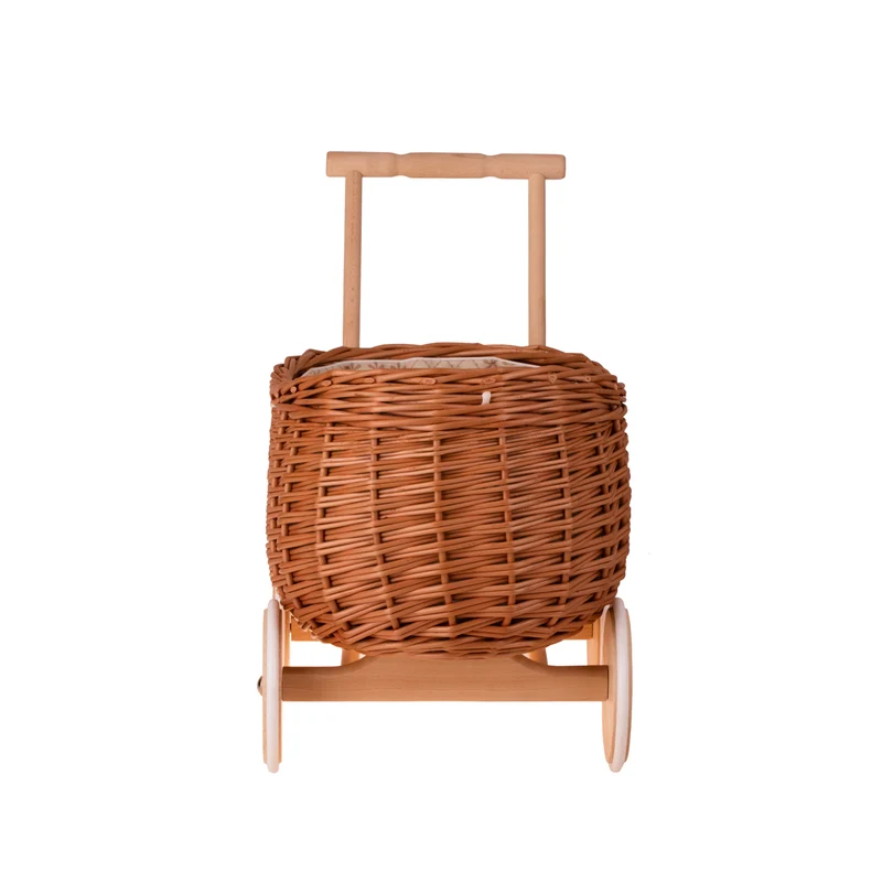 Luke wicker push walker with cream trim, handle and wheels TheWickerStories