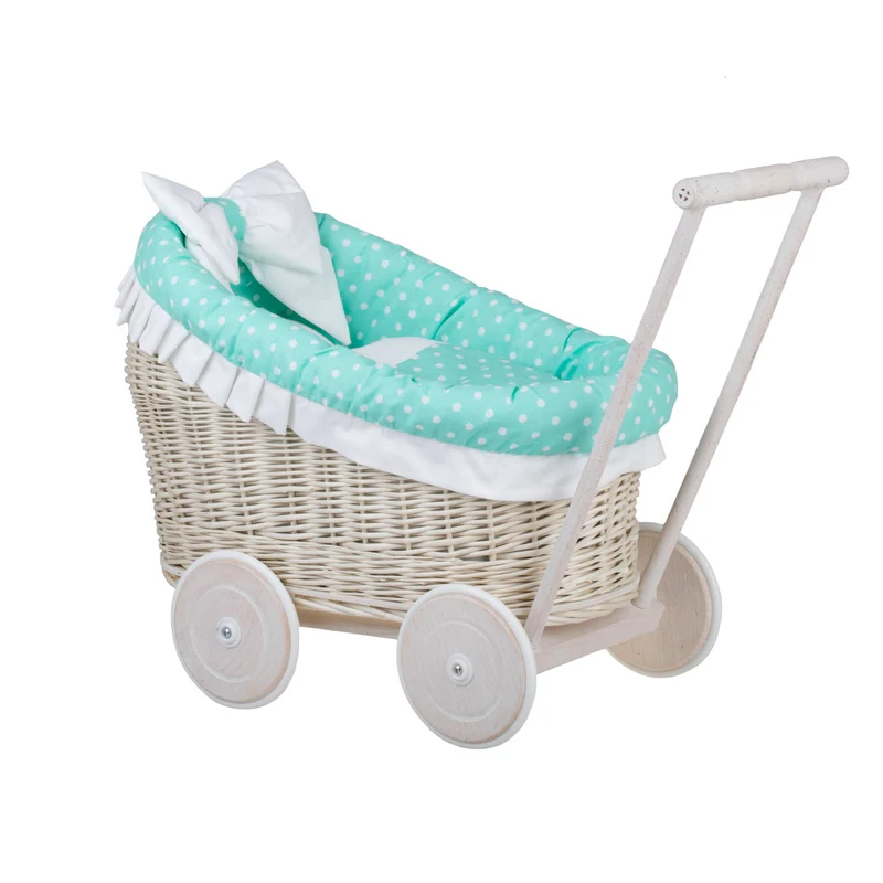 Luna wicker doll stroller with mint trim, blanket and pillow TheWickerStories