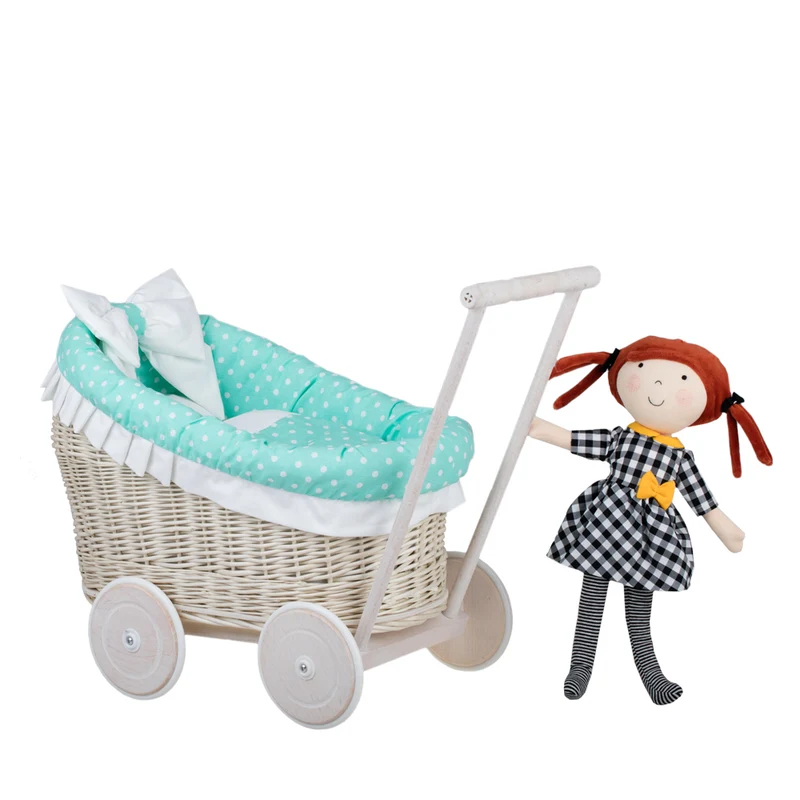 Luna wicker doll stroller with mint trim, blanket and pillow TheWickerStories