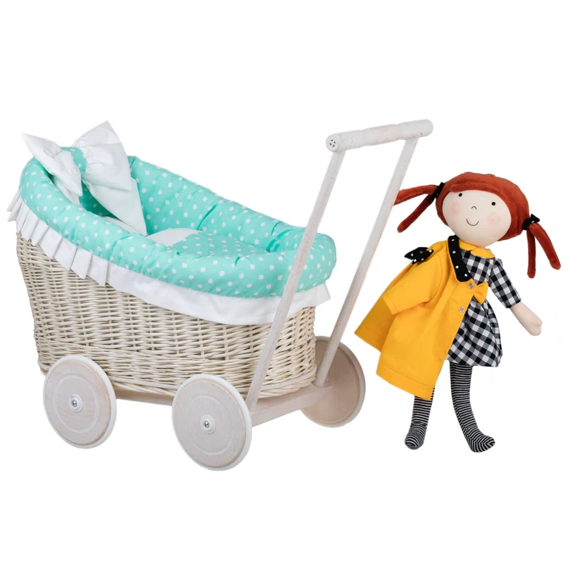 Luna wicker doll stroller with mint trim, blanket and pillow TheWickerStories