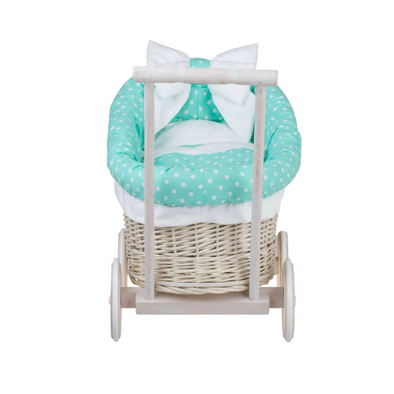 Luna wicker doll stroller with mint trim, blanket and pillow TheWickerStories