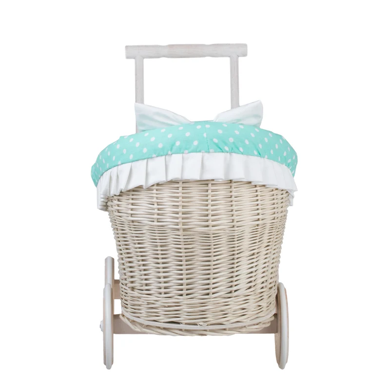 Luna wicker doll stroller with mint trim, blanket and pillow TheWickerStories