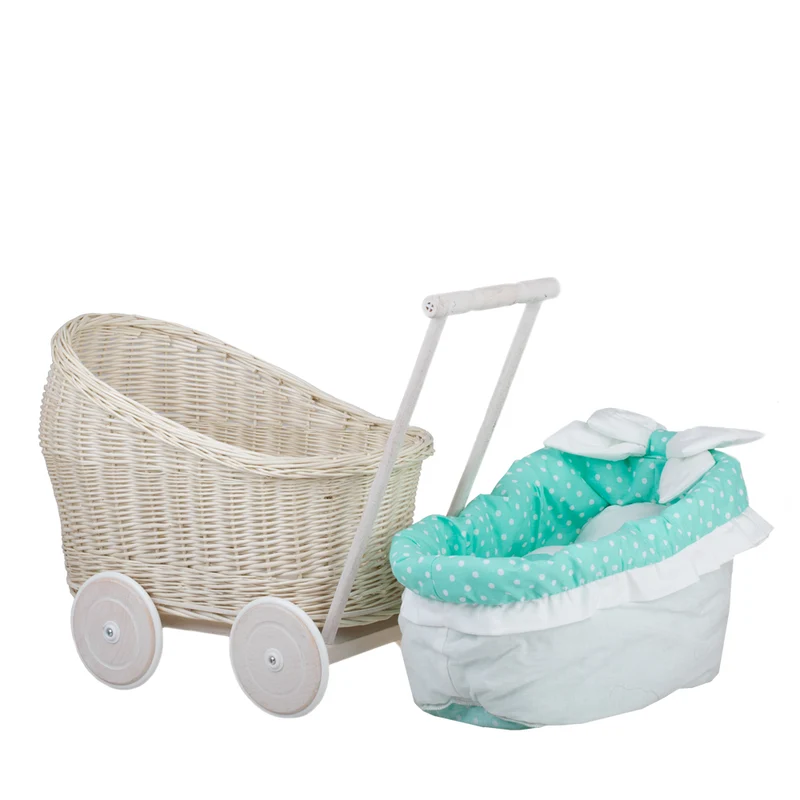 Luna wicker doll stroller with mint trim, blanket and pillow TheWickerStories