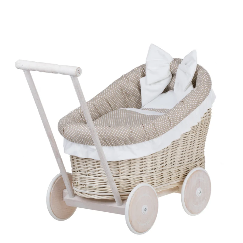 Luna wicker doll stroller with beige trim, blanket and pillow TheWickerStories