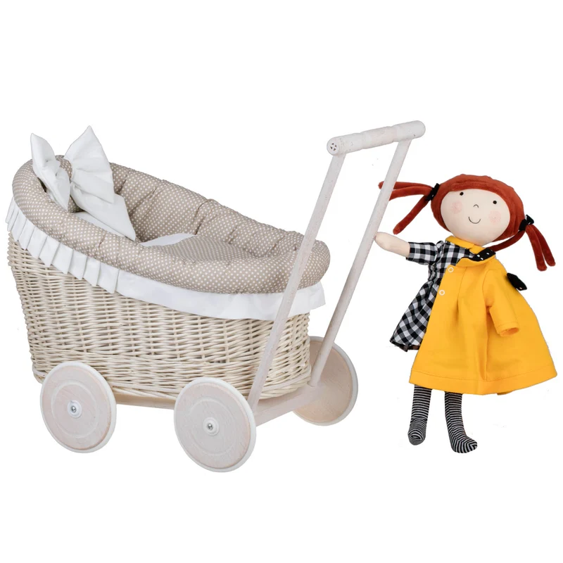 Luna wicker doll stroller with beige trim, blanket and pillow TheWickerStories
