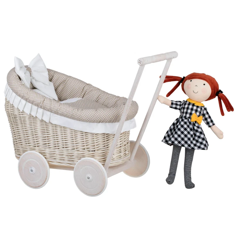 Luna wicker doll stroller with beige trim, blanket and pillow TheWickerStories