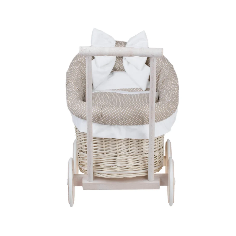 Luna wicker doll stroller with beige trim, blanket and pillow TheWickerStories