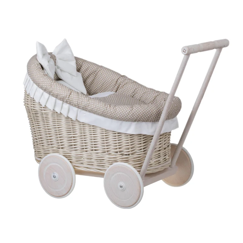 Luna wicker doll stroller with beige trim, blanket and pillow TheWickerStories