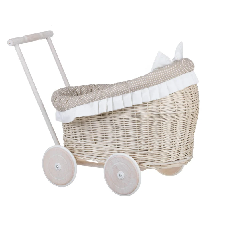 Luna wicker doll stroller with beige trim, blanket and pillow TheWickerStories