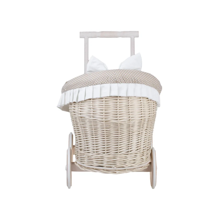 Luna wicker doll stroller with beige trim, blanket and pillow TheWickerStories
