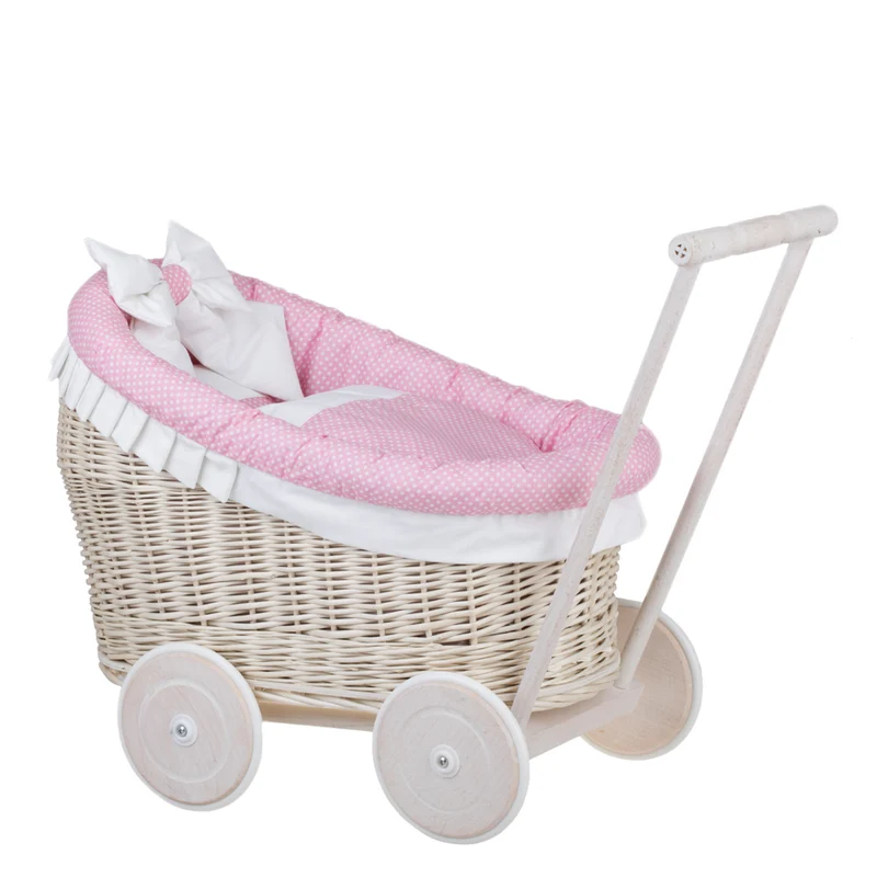 Luna wicker doll stroller with pink trim, blanket and pillow TheWickerStories
