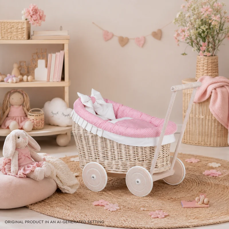 Luna wicker doll stroller with pink trim, blanket and pillow TheWickerStories