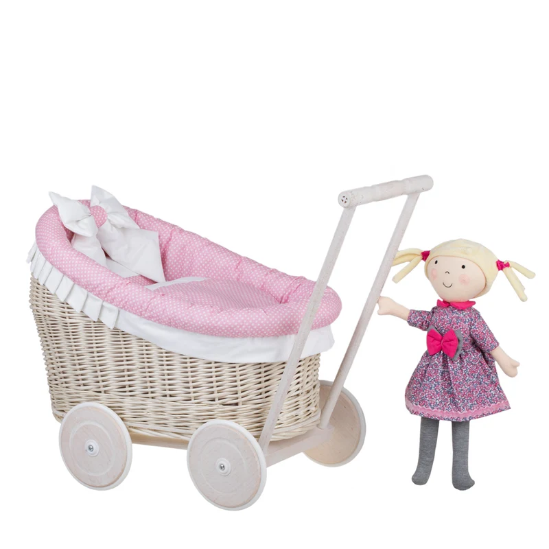 Luna wicker doll stroller with pink trim, blanket and pillow TheWickerStories
