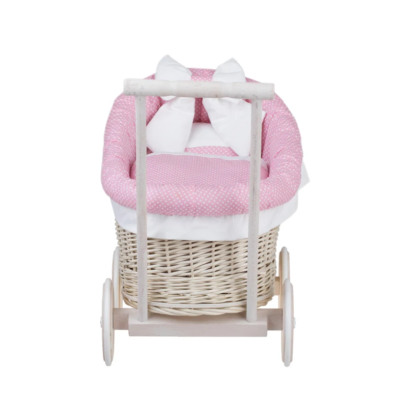 Luna wicker doll stroller with pink trim, blanket and pillow TheWickerStories