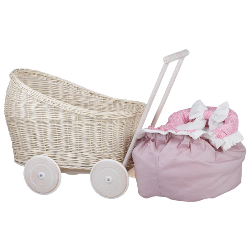 Luna wicker doll stroller with pink trim, blanket and pillow TheWickerStories