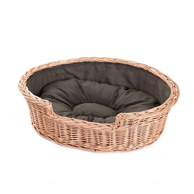 Esmira wicker basket for dog and cat with brown cushion TheWickerStories