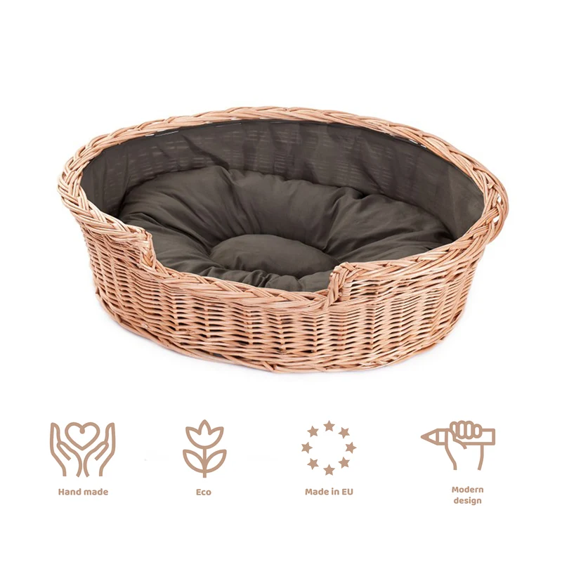 Esmira wicker basket for dog and cat with brown cushion TheWickerStories