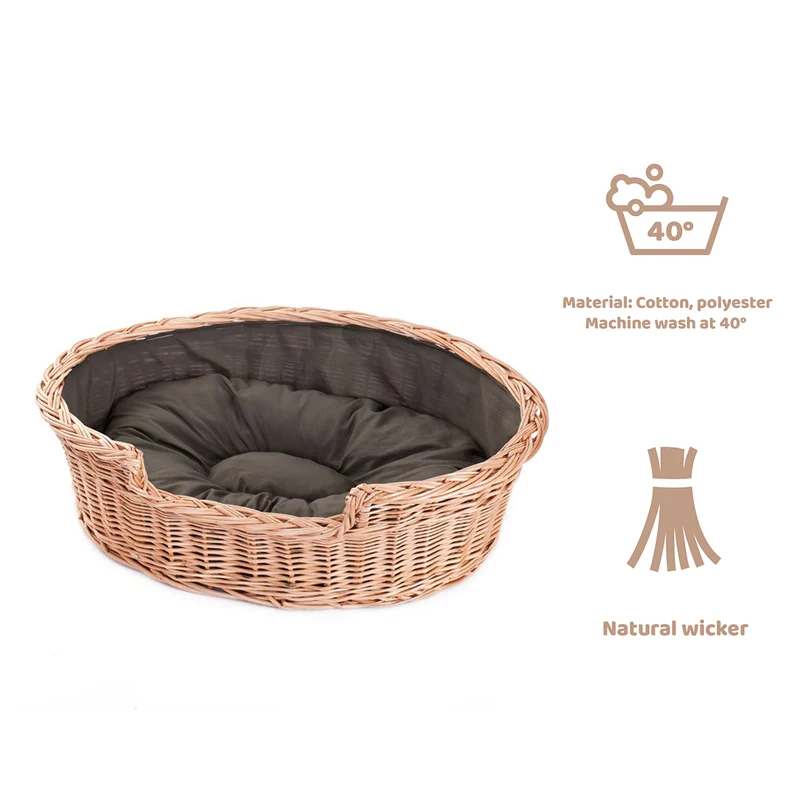 Esmira wicker basket for dog and cat with brown cushion TheWickerStories