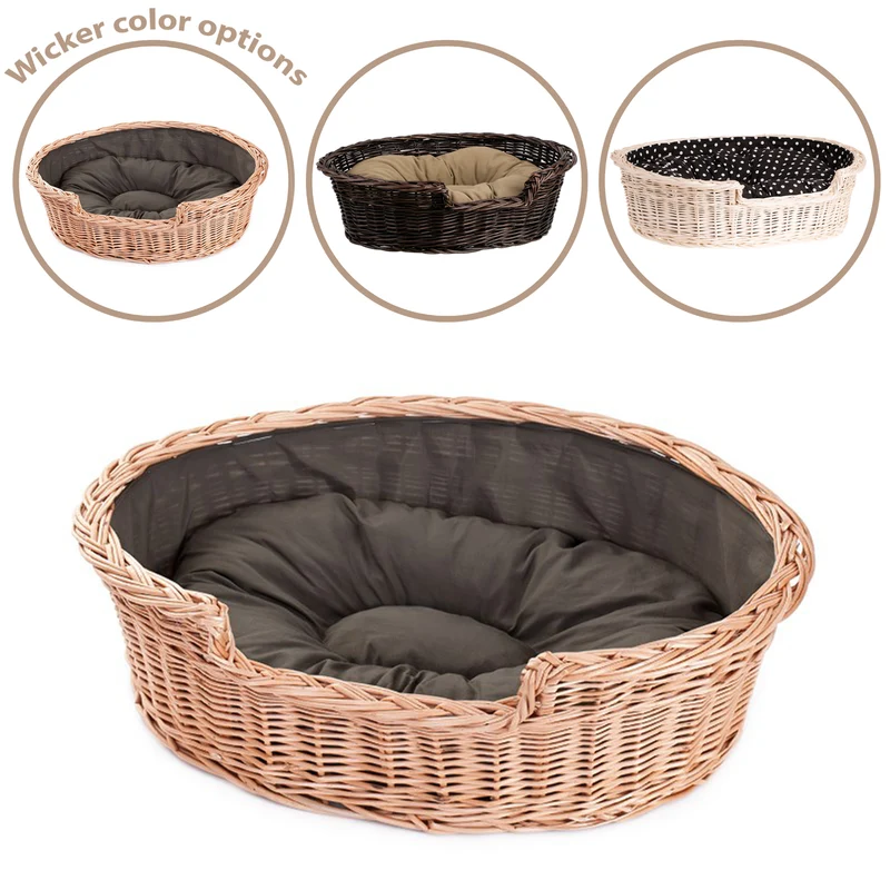 Esmira wicker basket for dog and cat with brown cushion TheWickerStories