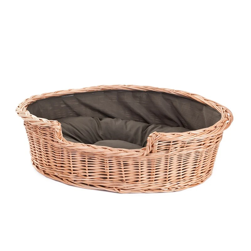 Esmira wicker basket for dog and cat with brown cushion TheWickerStories