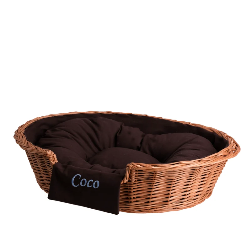Esmira wicker basket for dogs and cats with brown cushion, personalized TheWickerStories