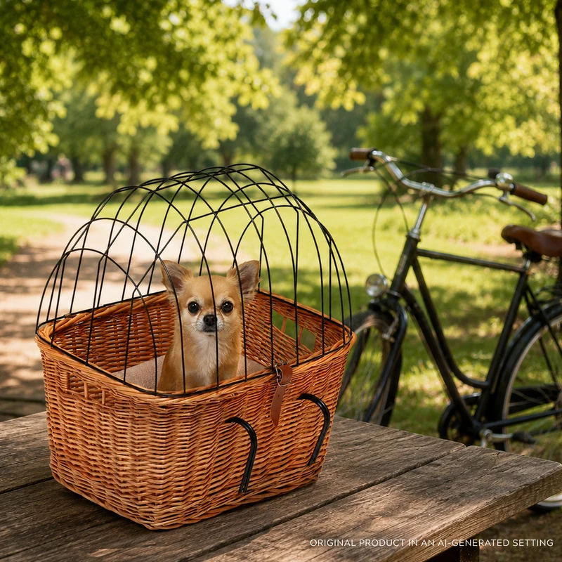 Timoria wicker bike basket for dog and cat, pet carrier for bicycle with lockable metal grate TheWickerStories