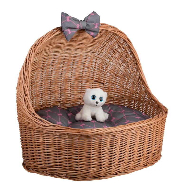 Elsa wicker pet house for dog and cat with cushion and bow TheWickerStories