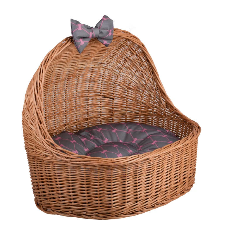 Elsa wicker pet house for dog and cat with cushion and bow TheWickerStories