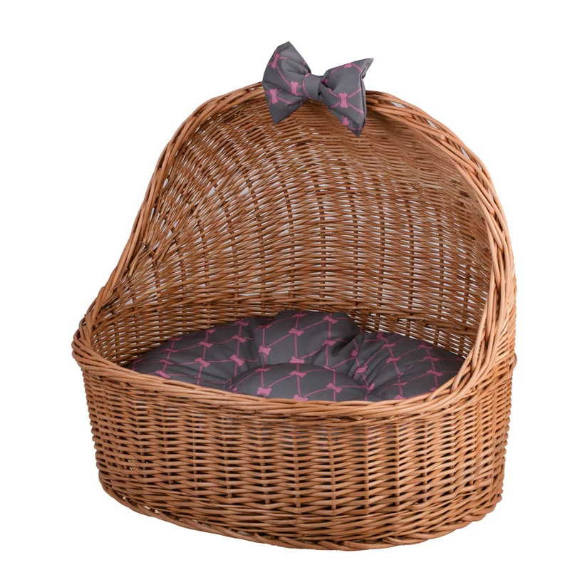 Elsa wicker pet house for dog and cat with cushion and bow TheWickerStories