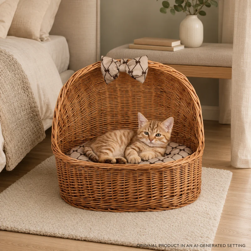 Elsa wicker basket for cat and dog with beige cushion TheWickerStories