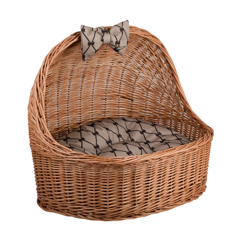 Elsa wicker basket for cat and dog with beige cushion TheWickerStories