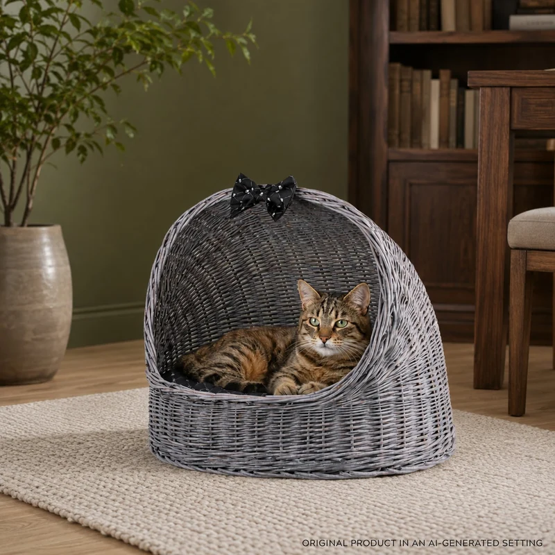 Elsa wicker pet house for cat and dog with cushion TheWickerStories