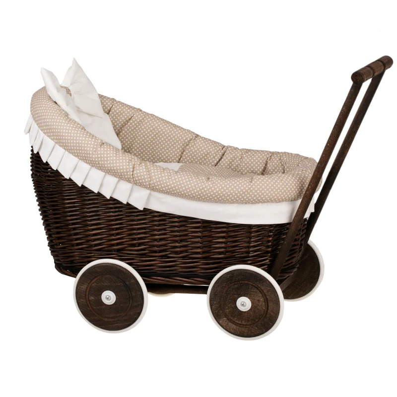 Luna wicker doll stroller with beige trim, blanket and pillow TheWickerStories