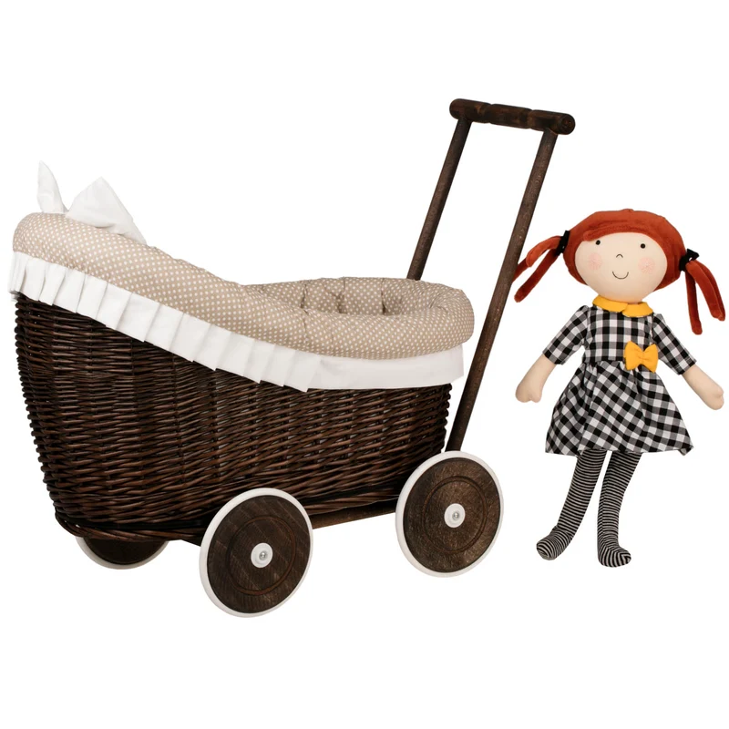 Luna wicker doll stroller with beige trim, blanket and pillow TheWickerStories