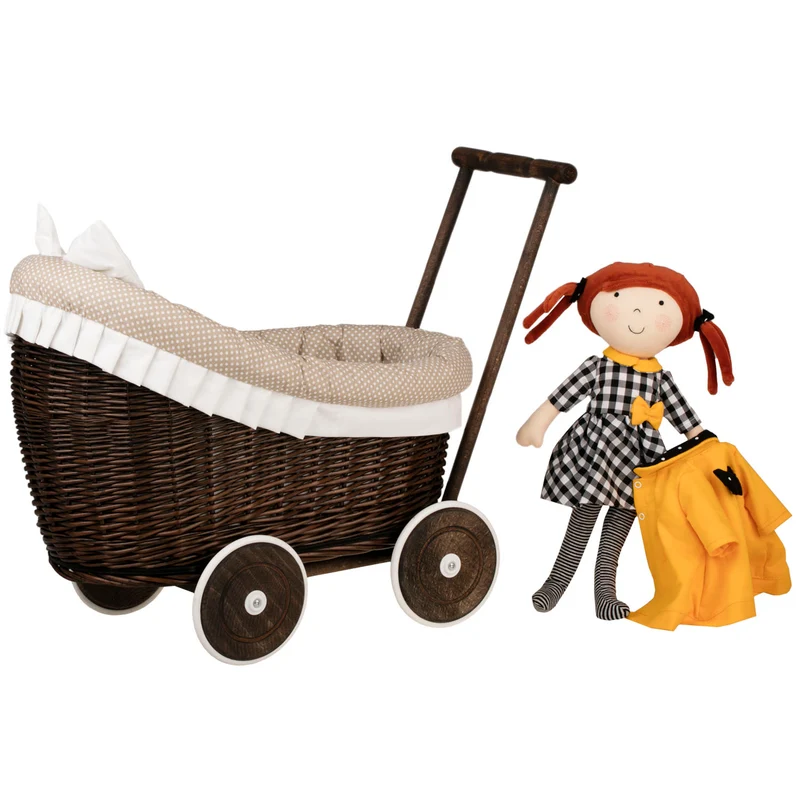 Luna wicker doll stroller with beige trim, blanket and pillow TheWickerStories