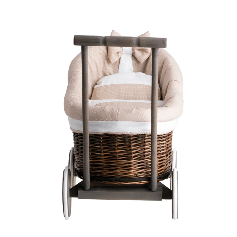 Luna wicker doll stroller with beige trim, blanket and pillow TheWickerStories