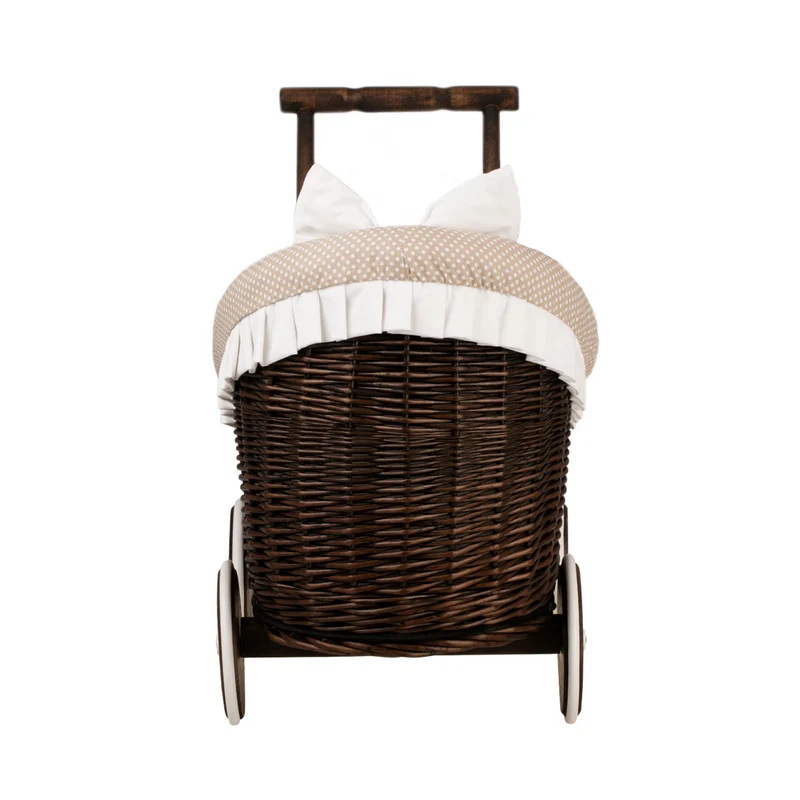 Luna wicker doll stroller with beige trim, blanket and pillow TheWickerStories