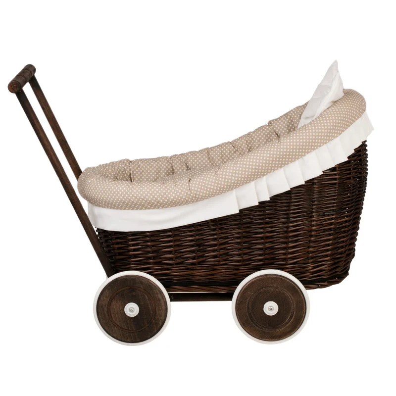 Luna wicker doll stroller with beige trim, blanket and pillow TheWickerStories