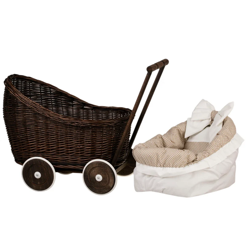 Luna wicker doll stroller with beige trim, blanket and pillow TheWickerStories