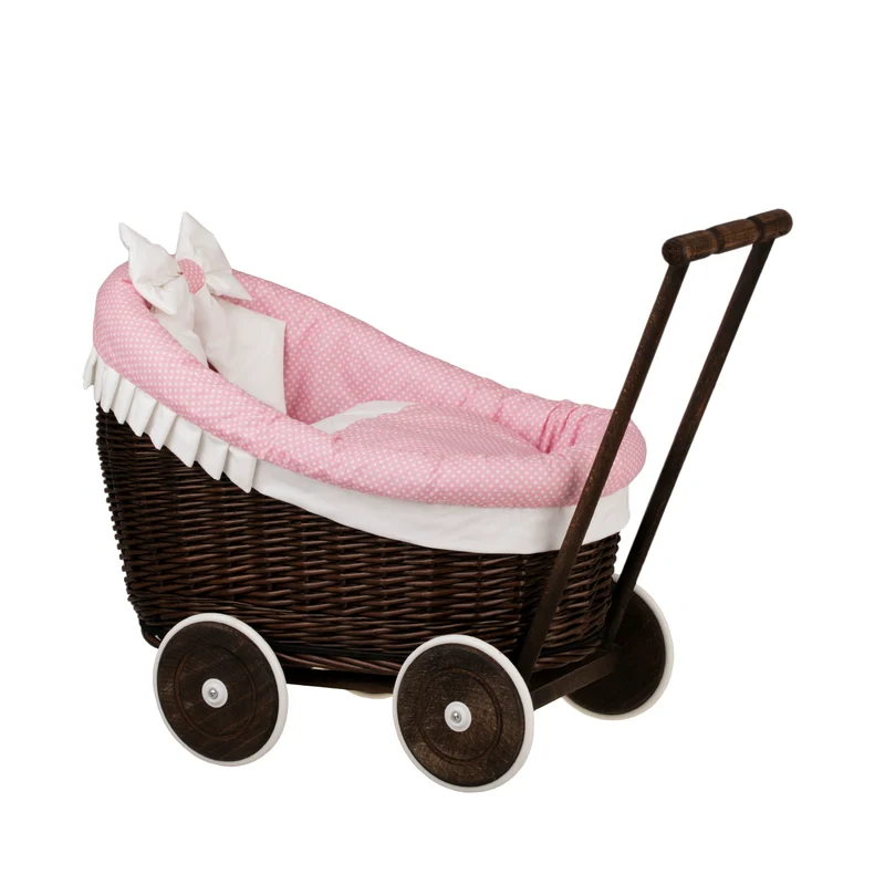 Luna wicker doll stroller with pink trim, blanket and pillow TheWickerStories