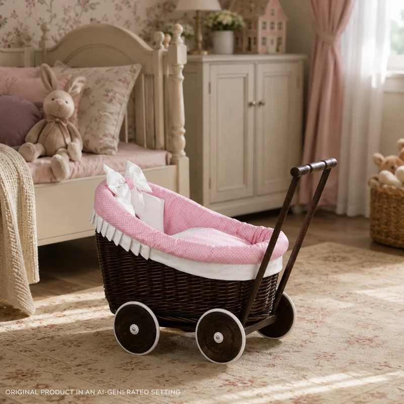 Luna wicker doll stroller with pink trim, blanket and pillow TheWickerStories