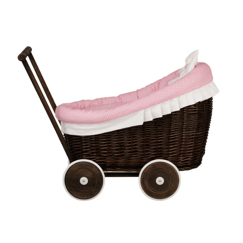 Luna wicker doll stroller with pink trim, blanket and pillow TheWickerStories