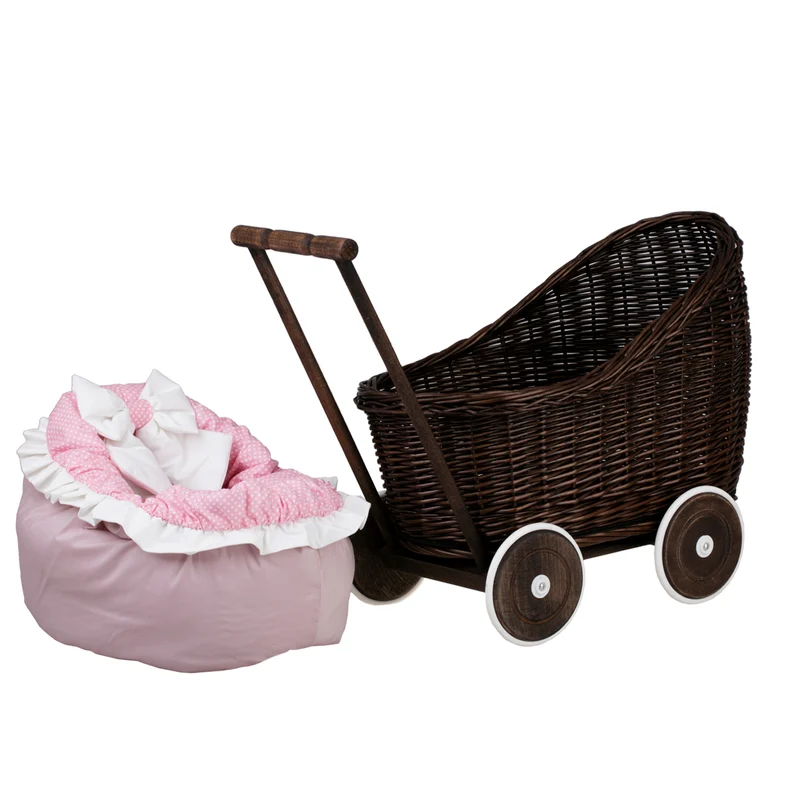 Luna wicker doll stroller with pink trim, blanket and pillow TheWickerStories